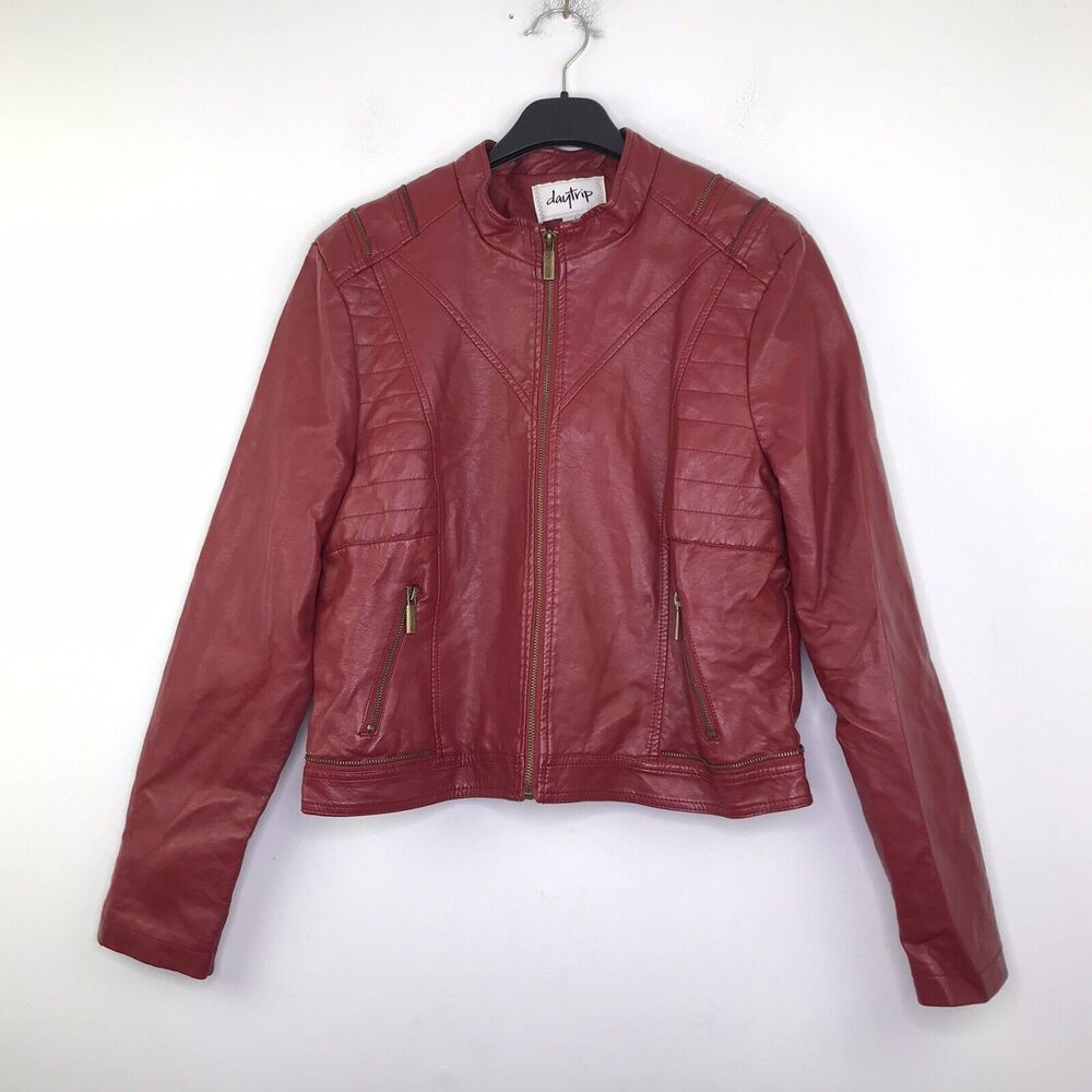 Daytrip Women's Large Moto Jacket Faux Leather Zip Up Pockets Red Solid